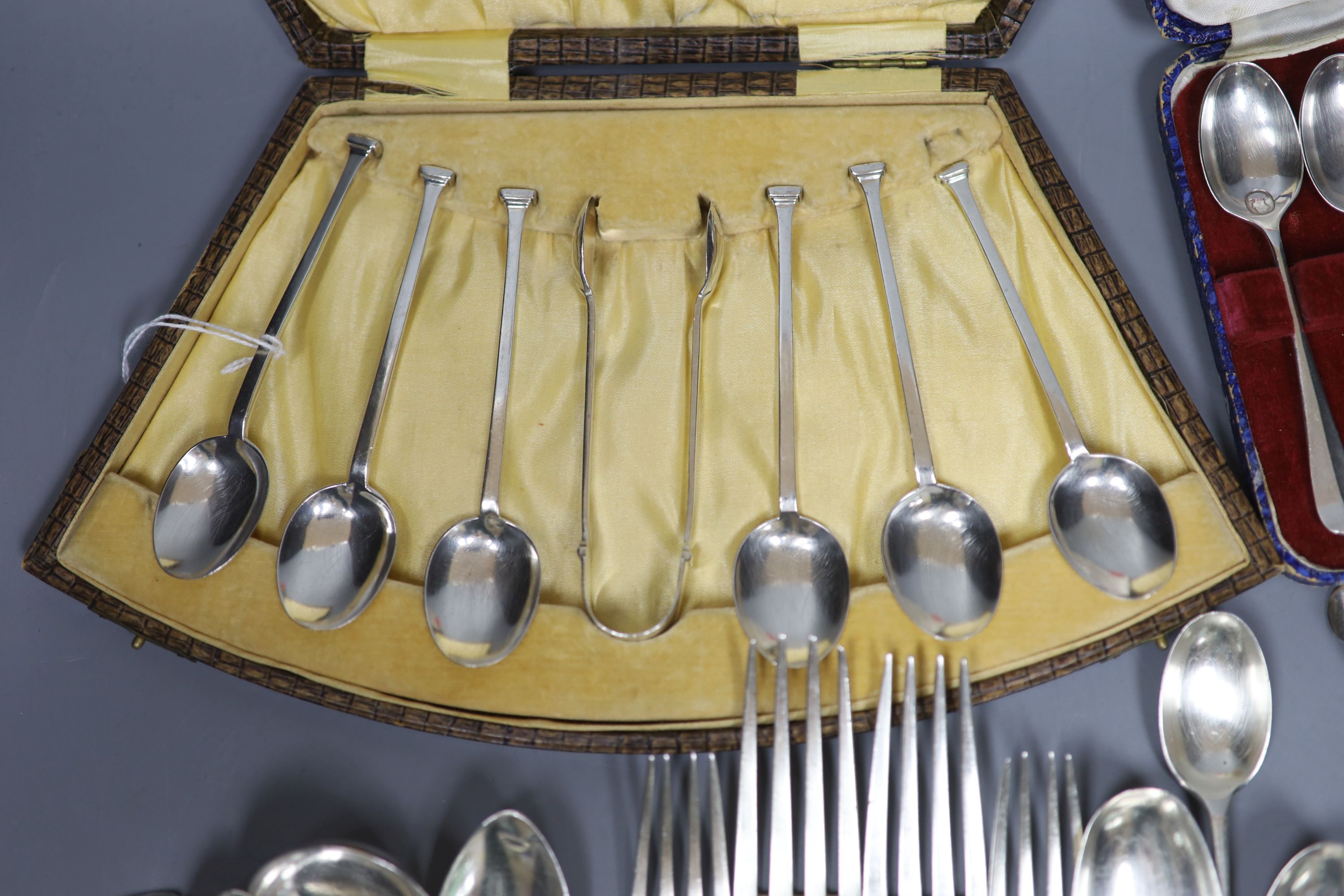 Two sets of silver coffee spoons, cased and miscellaneous Old English pattern and other silver flatware, Georgian and later.